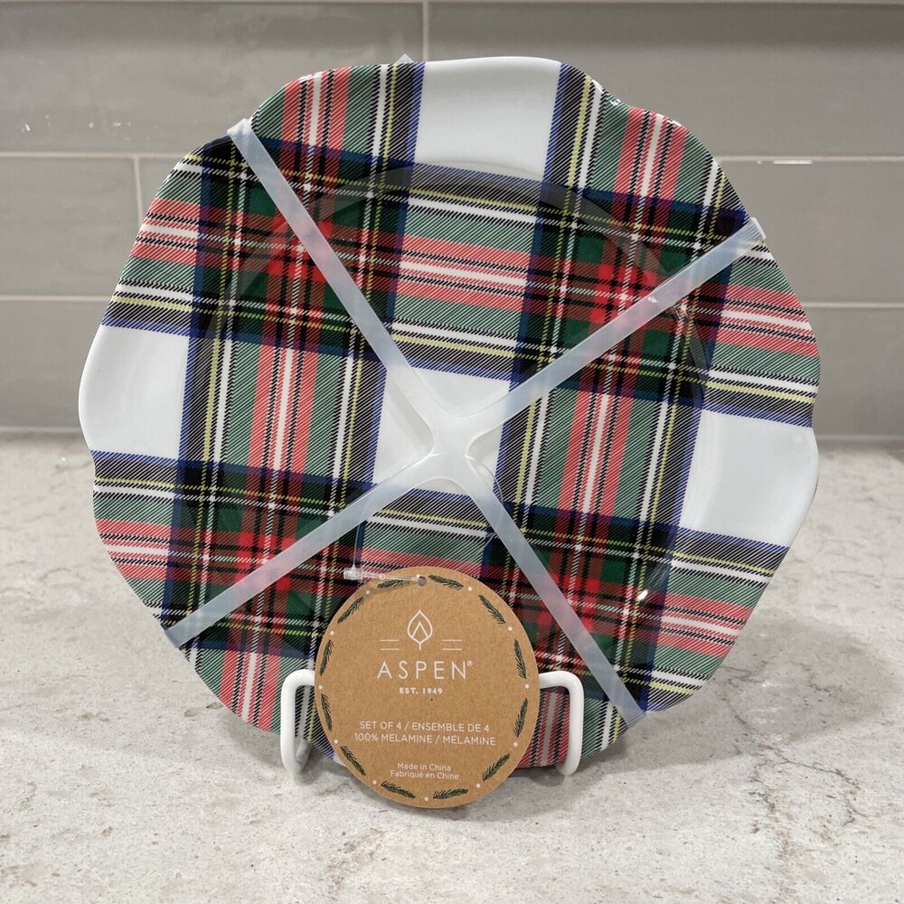 Set 4 Aspen TARTAN PLAID 8.5” Salad Dessert Appetizer Plates Melamine CHRISTMAS
